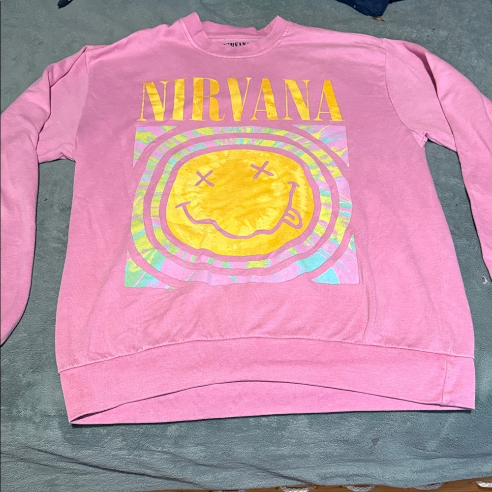 NIRVANA Pink and Yellow smiley face Graphic Sweatshirt size medium - Picture 6 of 9